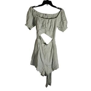 Hollister Gingham Cutout Romper Sage Green White Tie Back Puff Sleeve Womens S